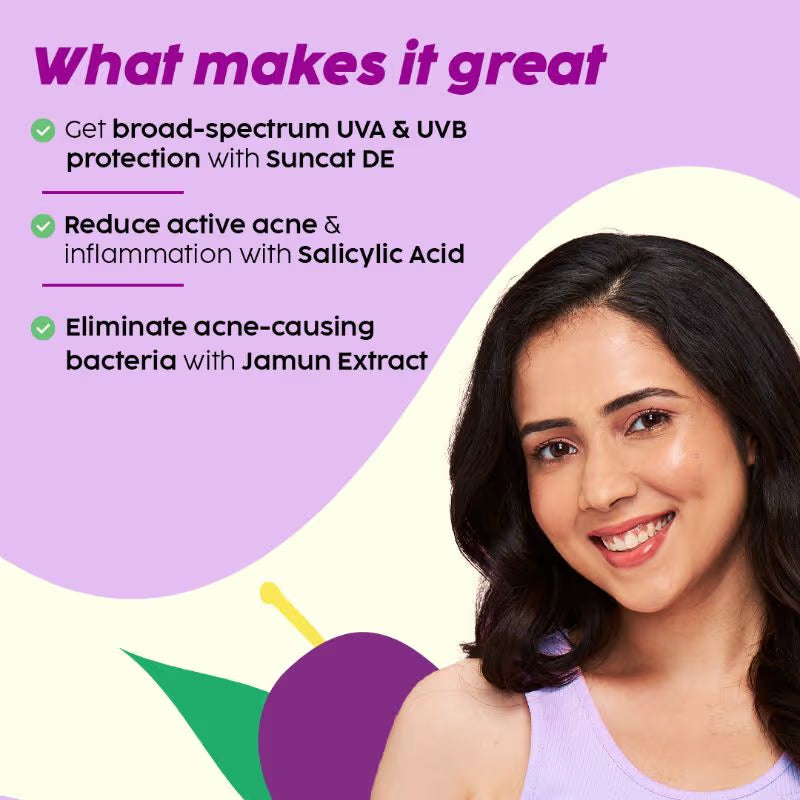 Plix 0.1% Salicylic Acid Jamun Mattifying Lightweight Sunscreen SPF50+ PA+++ UVA, UVB Shield