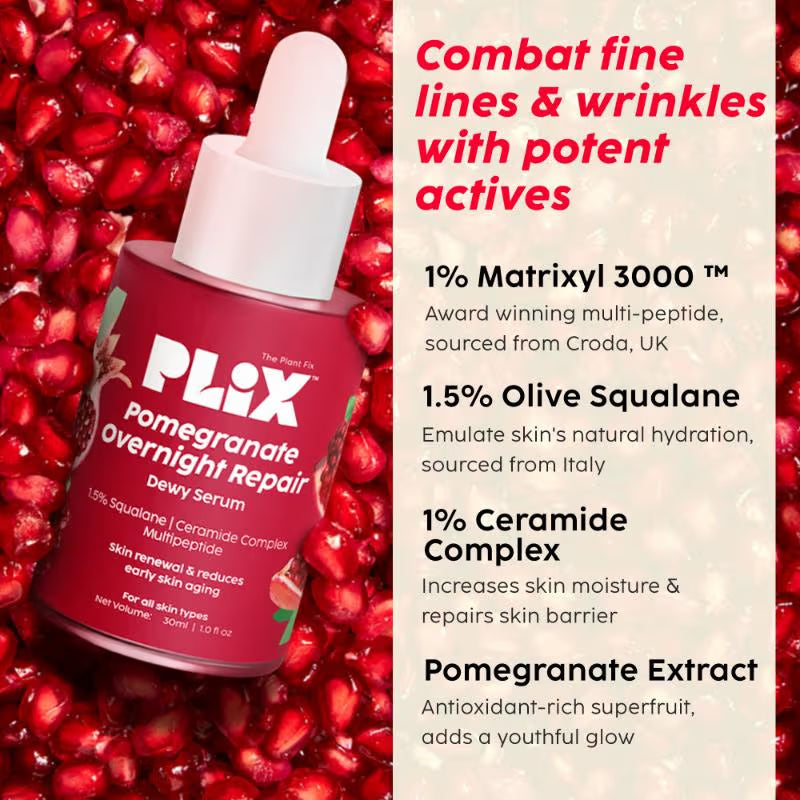Plix Pomegranate Overnight Repair Dewy Serum for Ageless Glow With Ceramides Reduce Fine Lines (30ml)