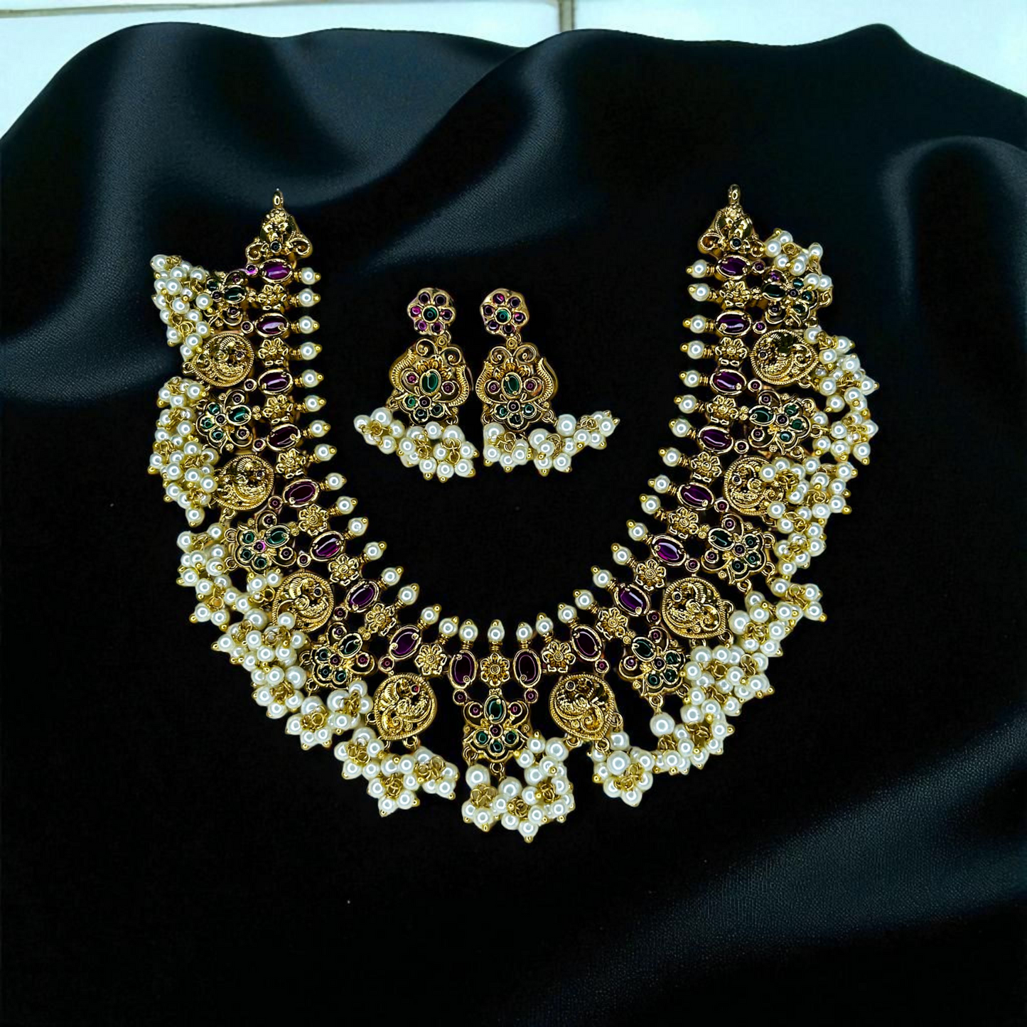Traditional Indian Gold-Toned Necklace and Earring Set with Pearls and Gemstones