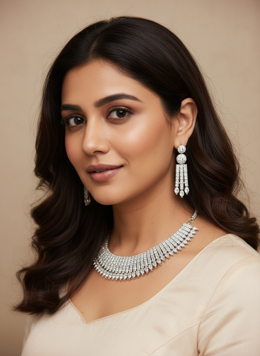 Radiant Silver Statement Necklace – Elegant Crystal Design-63968