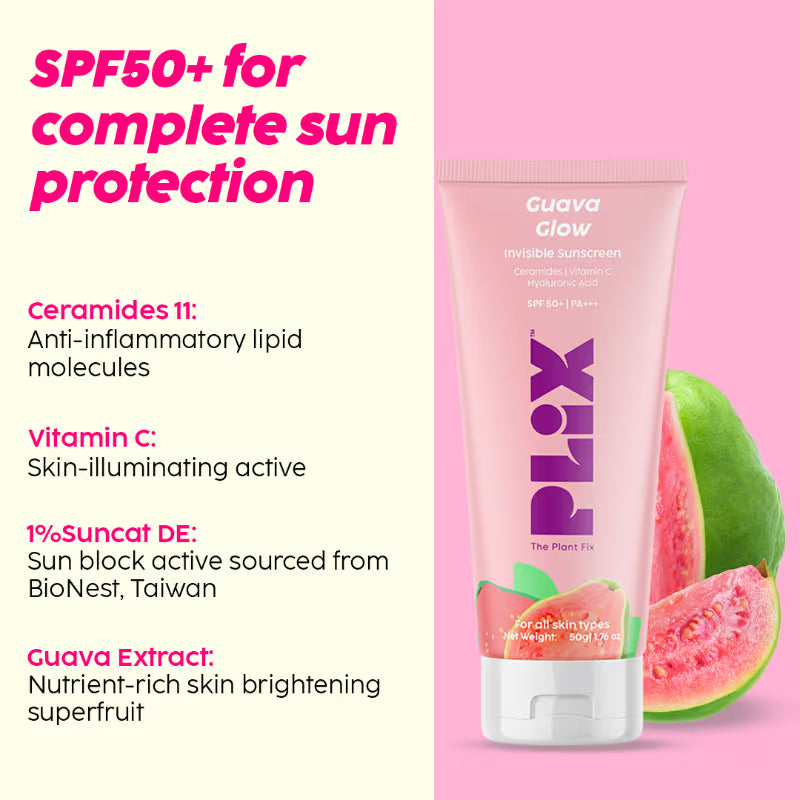 PLIX SPF 50+ Guava Glow Invisible Sunscreen Gel For UV A, UV B Protection with Ceramides and Vit C (50g)
