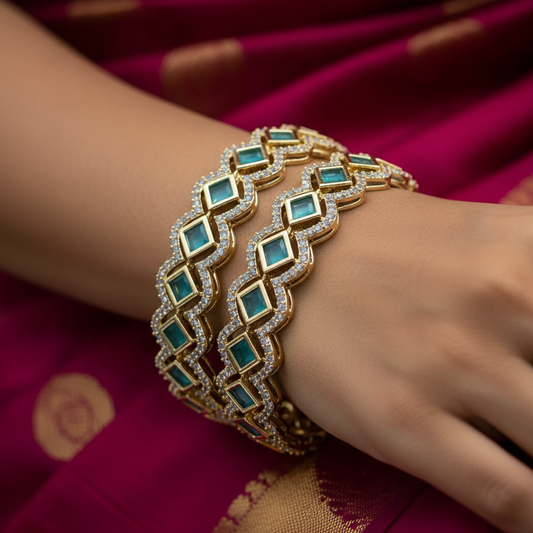 Elegant Green Stone Gold Bangles – Diamond Cut Designer Bangles - 86832