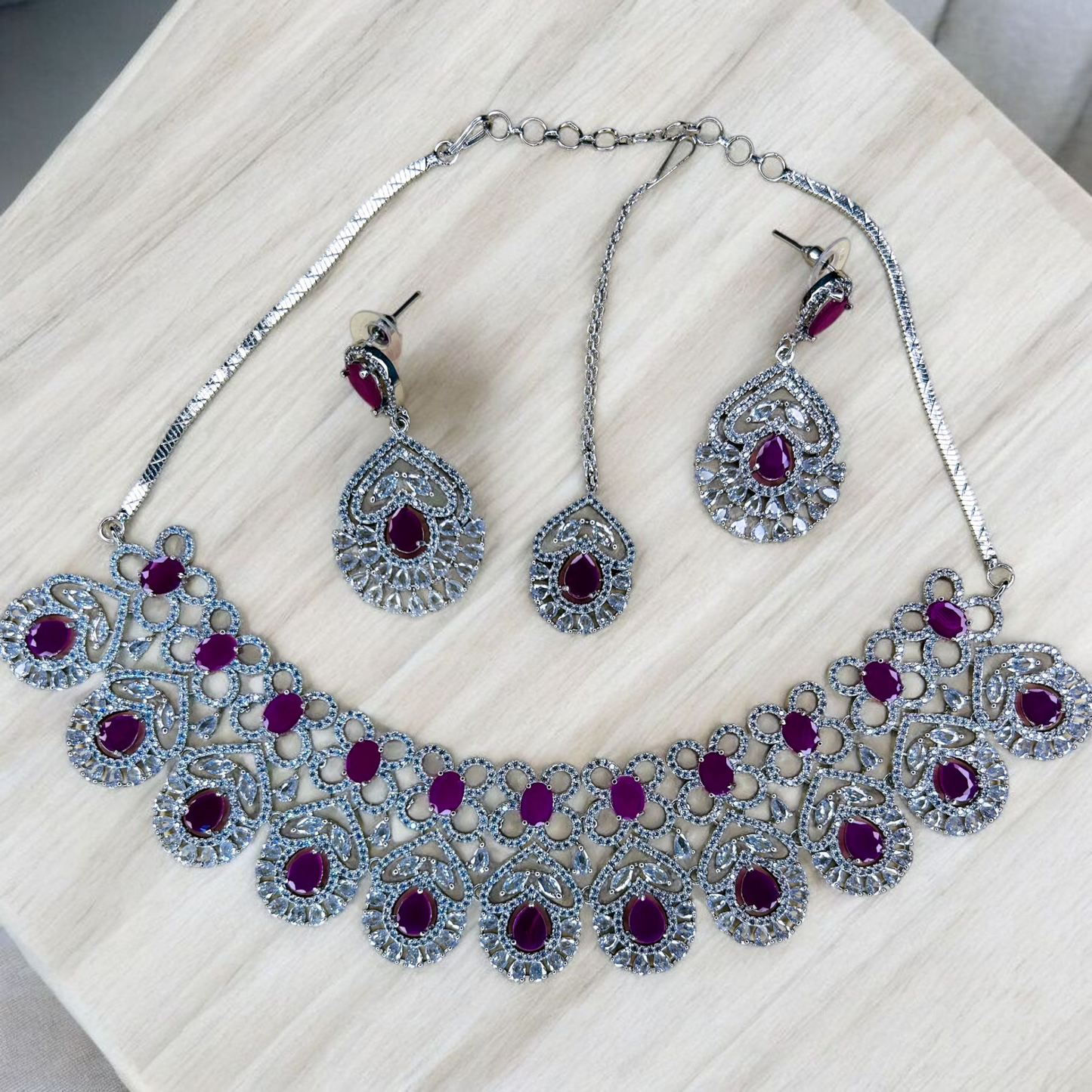 Elegant Ruby & Diamond Statement Necklace Set – Bridal & Party Wear