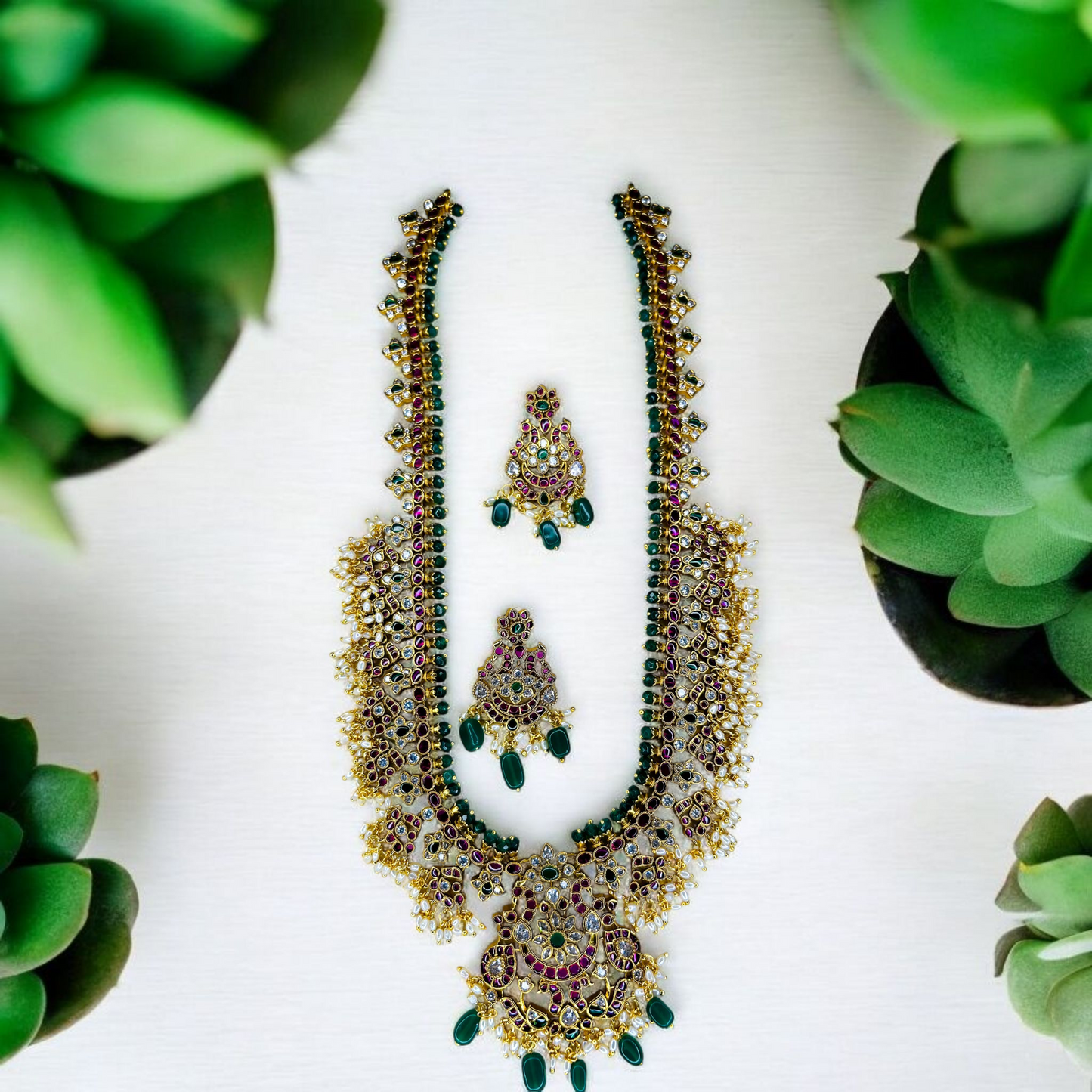 Antique Gold & Emerald Green Bridal Statement Jadau Necklace Set"