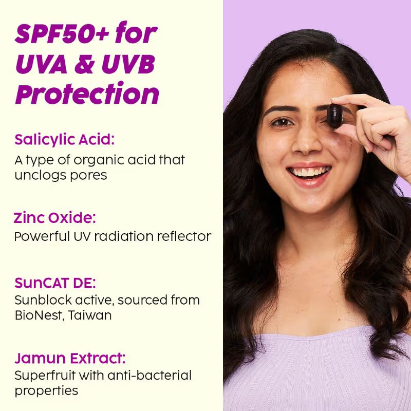 Plix 0.1% Salicylic Acid Jamun Mattifying Lightweight Sunscreen SPF50+ PA+++ UVA, UVB Shield
