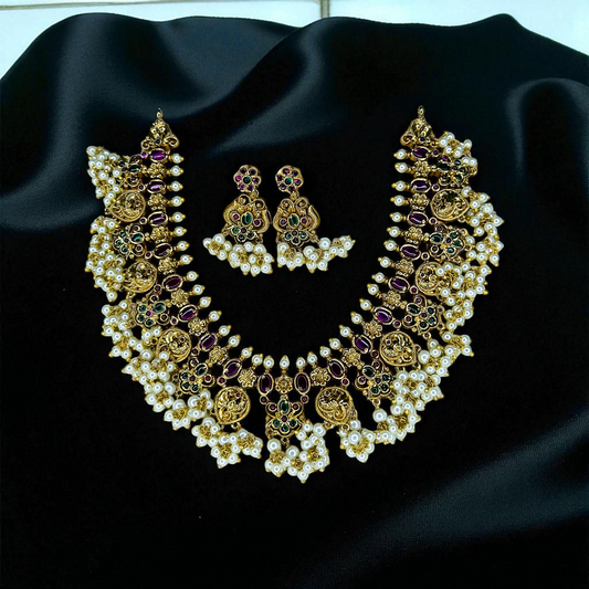 Traditional Indian Gold-Toned Necklace and Earring Set with Pearls and Gemstones