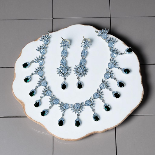 Elegant Silver Necklace and Earring Set with Black Stones