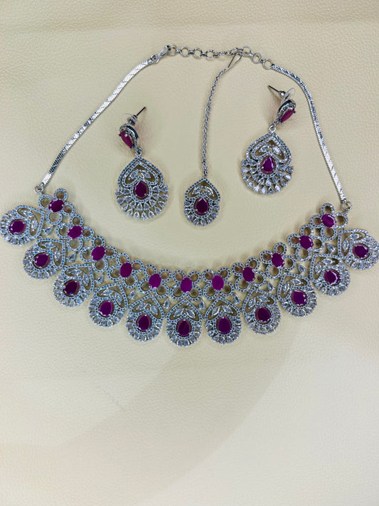 Elegant Ruby & Diamond Statement Necklace Set – Bridal & Party Wear