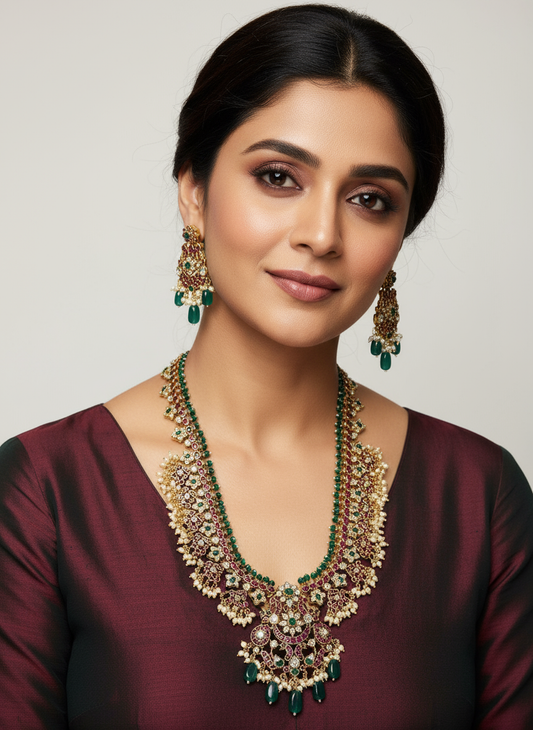 Antique Gold & Emerald Green Bridal Statement Jadau Necklace Set"