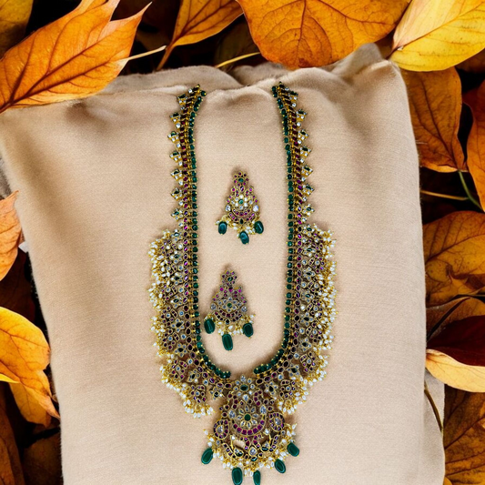 Antique Gold & Emerald Green Bridal Statement Jadau Necklace Set"