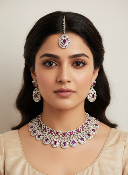 Elegant Ruby & Diamond Statement Necklace Set – Bridal & Party Wear